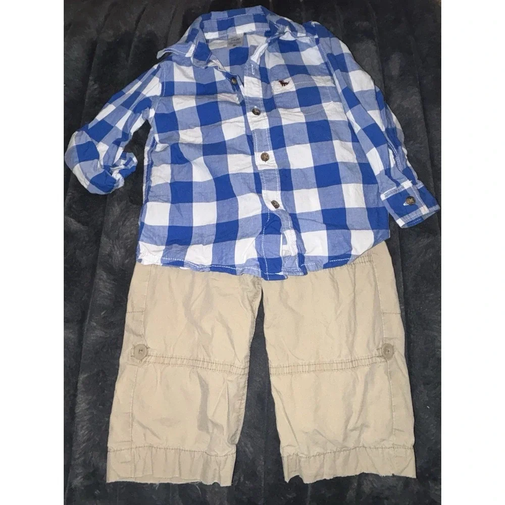 Carters Blue Plaid Button Up With Old Navy Khaki Pants